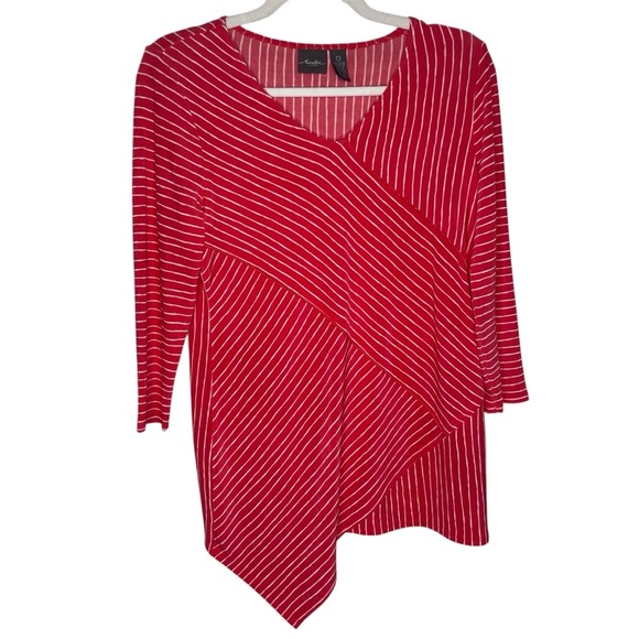 Chico’s Travelers Tunic 3/4 Sleeve Red Coral Striped V-Neck Asymmetrical Hem 0/S - Picture 1 of 11
